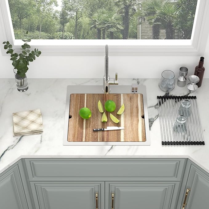 Kichae 21 Drop In Bar Sink- 21x20 Kitchen Sink Stainless Steel 16 Gauge Bar Prep Sinks Small Overmount Topmount Ledge Workstation Single Bowl Handmade Basin with Cutting Bowl