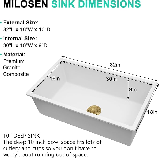 MILOSEN White Undermount Kitchen Sink, 32"x18" Granite Composite Single Bowl Kitchen Sinks, 10" Deep Large Undermount/Drop In Sink with Gold Accessories, White Quartz Kitchen Sinks for Modern Kitchen