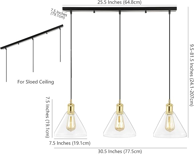 JONATHAN Y 30.5" Brass Gold/Black 3-Light Iron and Glass Linear Pendant Light, Adjustable Height for Kitchen Island Dining Room, Modern Farmhouse, LED Bulbs Included JYL1123A