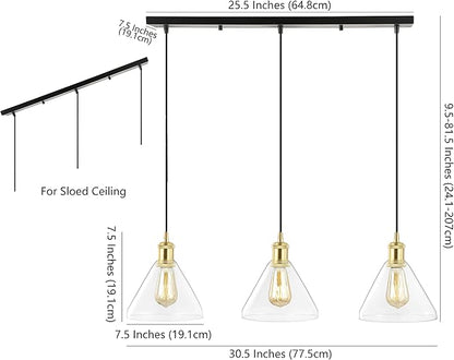 JONATHAN Y 30.5" Brass Gold/Black 3-Light Iron and Glass Linear Pendant Light, Adjustable Height for Kitchen Island Dining Room, Modern Farmhouse, LED Bulbs Included JYL1123A