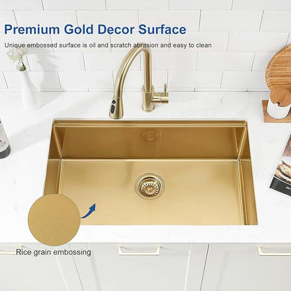 Gold Kitchen Sink, Single Bowl Drop in 32” x 18” Stainless Steel Gold Handmade Deep Kitchen Sink with Cutting Board and Drain Strainer