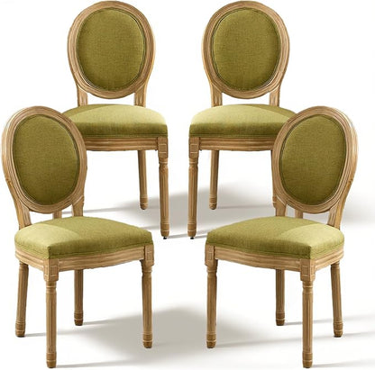 SoarFlash French Dining Chairs Set of 4, Vantage Linen Dining Chair with Round Back, Wood Leg Farmhouse Country Dining Chair for Kitchen,Bedroom,Olive Green