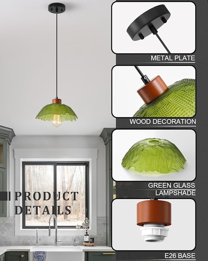 ANYLOVE Vintage Green Hammered Glass Pendant Light,11inch Gradient Petal Ceiling Hanging Lamp,Adjustable Hanging line for Kitchen Island, Dining Room, Bedroom, Hallway,Farmhouse