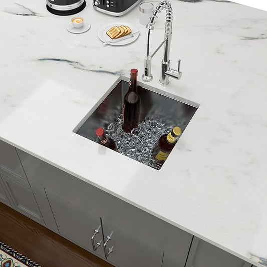 Lordear Undermount Bar Sink 17 Inch Deep Single Bowl 16 Gauge Stainless Steel Under Counter Square Kitchen Bar Prep RV Camper Outdoor Handmade Sink Basin