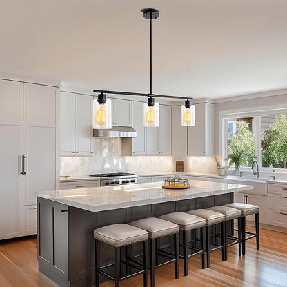 Kitchen Island Lighting, 3 light Black Farmhouse Pendant Lights Kitchen Island with Glass Shades, Island Chandelier Dining Room Lighting Fixtures Adjustable Height, Modern Kitchen Table Light Fixture