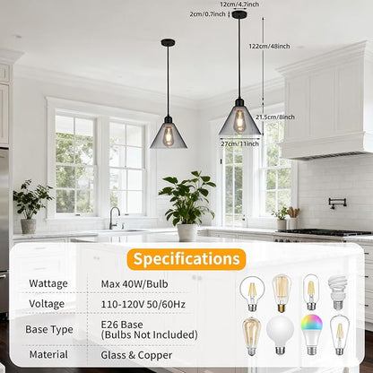 Modern Pendant Lights, 8.35" Smoked Grey Glass Hanging Lamp with Matte Black Finish, Adjustable 48" Cord Pendant Light Fixtures for Kitchen Island Sink Bar Dining Room Farmhouse, E26 Base
