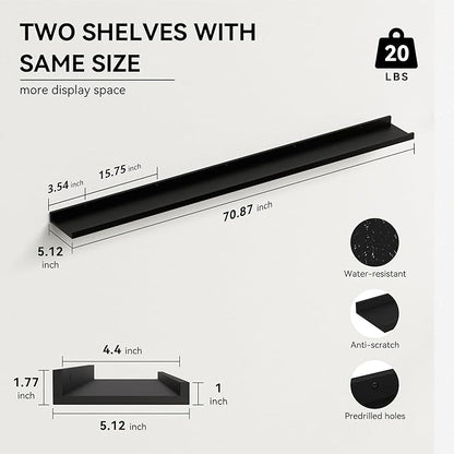 Boswillon 70.9 Inches Long Floating Shelves, 2 Set Modern Wall Shelf for Bedroom, Nursery Book Shelf with Lip, Picture Ledge Shelf for Wall Decor Living Room Bathroom Kitchen - Black