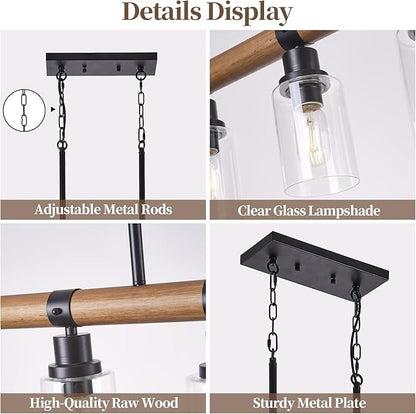 Dining Room Chandelier Over Table, 5-Light Farmhouse Kitchen Island Lighting, Matte Black Rustic Wood Chandelier with Clear Glass Shade, Ceiling Pendant Light Fixture for Kitchen