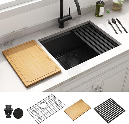 LQS 23 Inch Black Undermount Kitchen Sink, Black Kitchen Sink 23" x 18", 10" Deep Single Bowl Sinks, 16 Gauage Stainless Steel Material, Workstation Ledge With Abundant Accessories