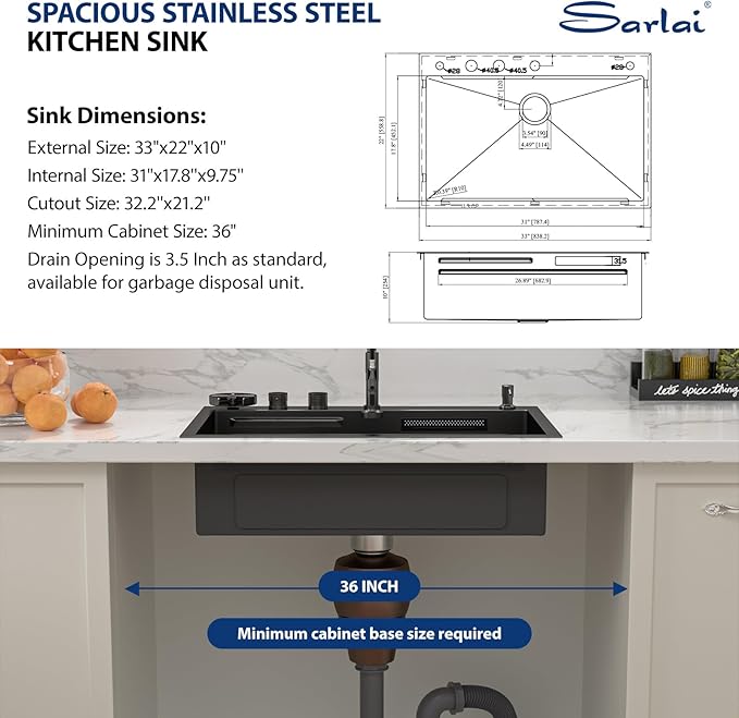 Sarlai Black Waterfall Drop Kitchen Sink 33 Inch Drop In Workstation Kitchen Sink Topmount 16 Gauge Stainless Steel 33x22 Inch Single Bowl Multifuction Workstation Top Mount Sinks with Double Knob