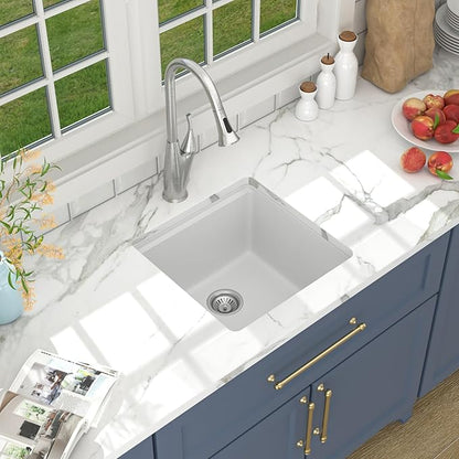 Lordear 18 Inch Granite Composite Bar Sink - 18"x18" Undermount Kitchen Sinks White Single Bowl Under Counter Ledge Workstation Bar Prep RV Sink Basin