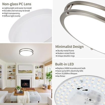 13Inch 36W Ceiling Light Fixture, 5CCT Flush Mount Ceiling Mount Light 2700K 3000K 4000K 5000K 6500K Adjustable, Dimmable Close to Ceiling Light, LED Ceiling Light for Bathroom Kitchen Bedroom, Nickel