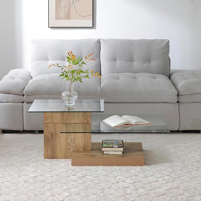 Glass Coffee Table with Storage, 44 Inch Rectangular Coffee Tables for Living Room, 3-Tier Tempered Glass Wooden Center Table Modern Accent Cocktail Table for Home Office (Wood)