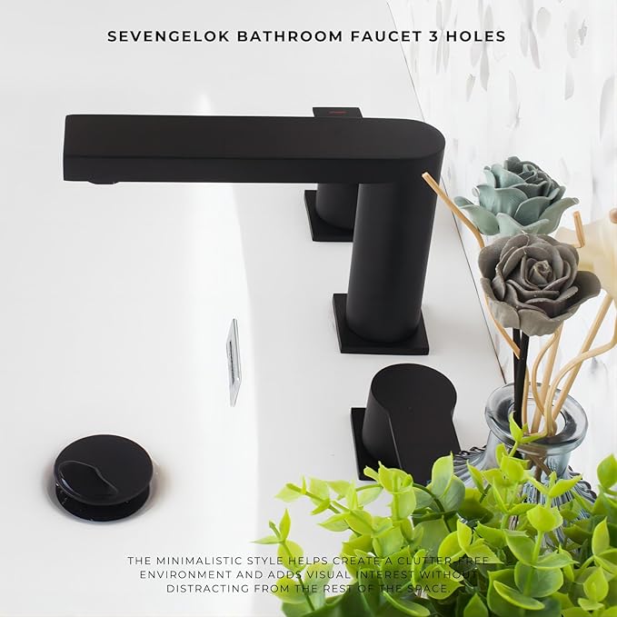 Black Bathroom Faucet 3 Hole Widespread Bathroom Faucet 8 Inch with Sink Pop Up Drain with Overflow Set Two Handles SUS304 Stainless Steel Vanity Faucets 8-12 Inches Matte Black, SFD4+SD-BK