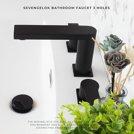 Black Bathroom Faucet 3 Hole Widespread Bathroom Faucet 8 Inch with Sink Pop Up Drain with Overflow Set Two Handles SUS304 Stainless Steel Vanity Faucets 8-12 Inches Matte Black, SFD4+SD-BK