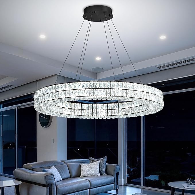 Modern Led Ring Chandelier Dimmable Crystal Chandelier for Living Room Dining Room 32 inch Black Adjustable Ring Pendant Light