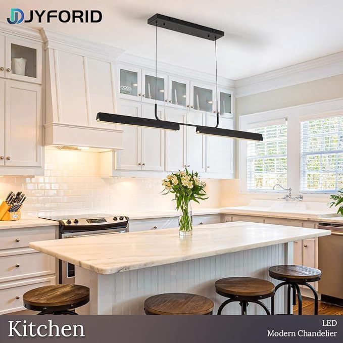 Modern Black Linear LED Pendant Light with Remote Control, 45" 16W 3-Color Temp Stepless Dimmable Island Pendant Lights, Hanging Adjustable Minimalist Pendant for Dining Room Kitchen Bar