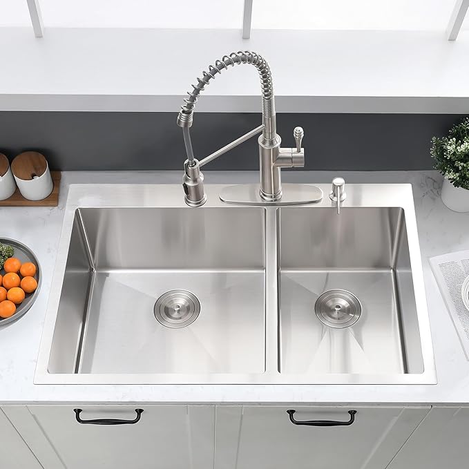 33x22 Inch Double Bowl Kitchen Sink Drop In - 16 Gauge Stainless Steel Top Mount Drop In Sink, 60/40 Split, Durable for Home Kitchen