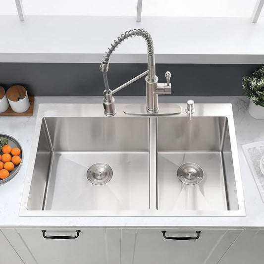 33x22 Inch Double Bowl Kitchen Sink Drop In - 16 Gauge Stainless Steel Top Mount Drop In Sink, 60/40 Split, Durable for Home Kitchen