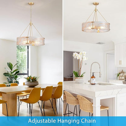 XINGQI 20.7“ Glass Gold Chandeliers for Dining Room, Drum 4-Light Over Table Hanging Pendant Lighting for Hight Ceiling Living Room Kitchen Island Bedroom Office