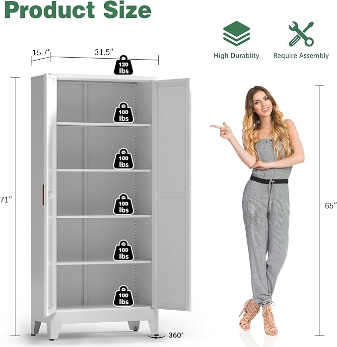 Bevivog 71" Kitchen Pantry Cabinet, Metal Storage Cabinet with 2 Doors and 4 Adjustable Shelves, Farmhouse Tall Metal Pantries Cabinets Storage for Kitchen, Home Office, Living Room, Laundry