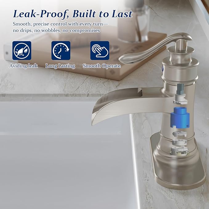 BWE Bathroom Faucet Brushed Nickel Waterfall Single Hole Matching Pop Up Drain Stopper Handle Sink Faucets Bath Vanity Lavatory Vessel Commercial Satin with Water Supply Hose