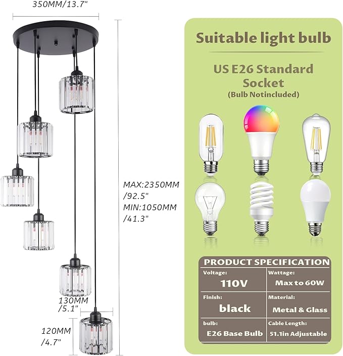 Modern Retro 6-Light Crystal Foyer Chandelier for High Ceilings, Large Hanging Chandelier for Staircase, Entryway, Kitchen Island, Adjustable Height Black E26 Pendant Light Fixture