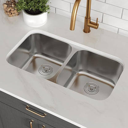 DeerValley 32 Inch Undermount Double Bowl Kitchen Sink 50/50 18 Gauge Stainless Steel Kitchen Sink Spacious Double Basin Design Sinks with Basket Strainer Undermount Sinks for Modern Kitchens