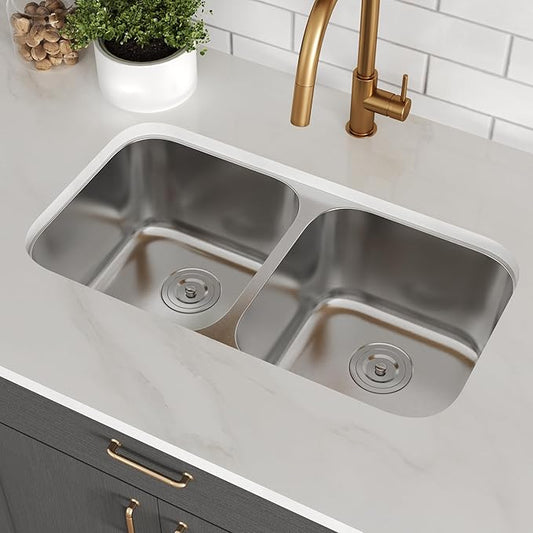 DeerValley 32 Inch Undermount Double Bowl Kitchen Sink 50/50 18 Gauge Stainless Steel Kitchen Sink Spacious Double Basin Design Sinks with Basket Strainer Undermount Sinks for Modern Kitchens