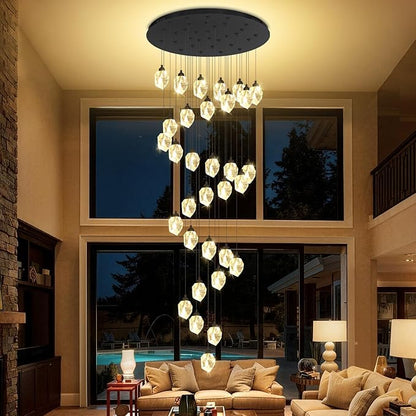 Large Black Staircase Chandelier 150 inch Long Crystal Chandelier for High Ceiling Entrance Crystal Ceiling Lighting LED Dimmable 3000-6000K 32 Light