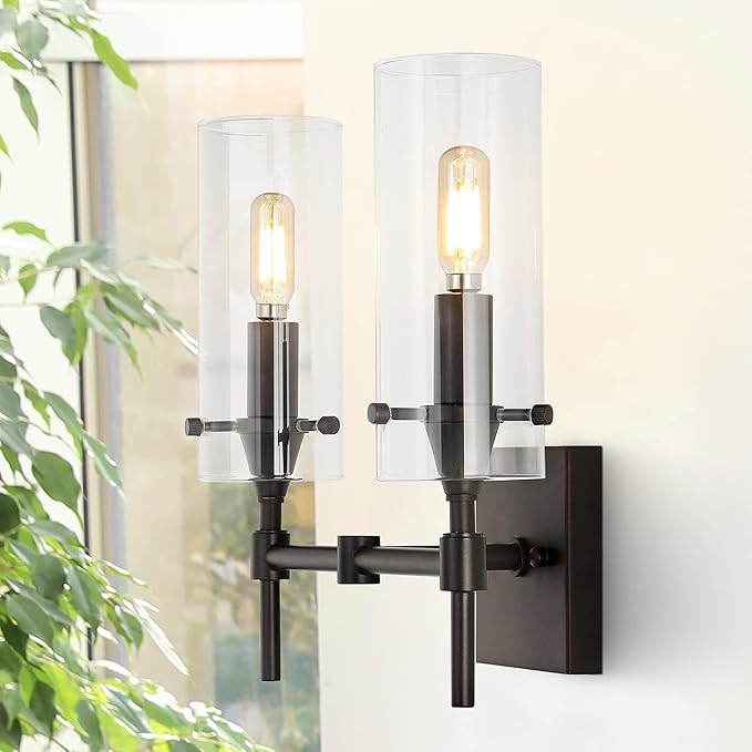JONATHAN Y 13.5" Oil Rubbed Bronze/Clear Modern Farmhouse LED Vanity Light Sconce, Clear Glass Cylinder Shade, Wall Lamp for Bathroom Mirror Hallway Entryway, LED Bulb Included (JYL7806A)