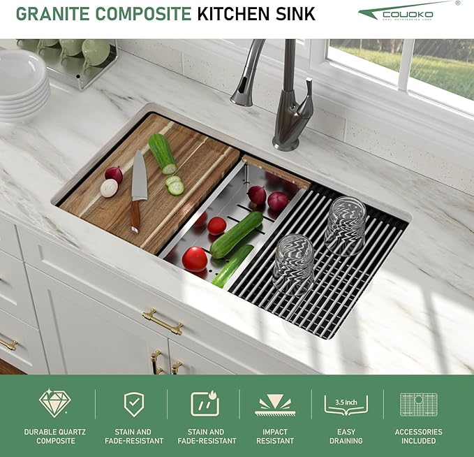 33 Inch Black Undermount Kitchen Sink Workstation - Couoko 33"x19" Black Granite Composite Kitchen Sink Quartz Classic Under Counter Single Bowl Kitchen Sinks Basin with Luxury Accessories