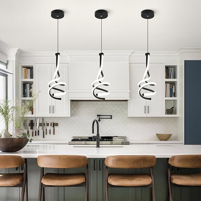 EIDISUNY Modern Pendant Light, Spiral LED Pendant Light Fixture, 4500K LED Hanging Lamp, Black Chandelier Lights Fixture, 20W Adjustable for Kitchen Island, Dining Room, Bedroom,1 Pack