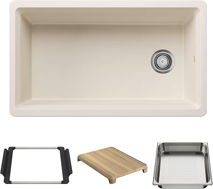 Inteos SILGRANIT 33" Single Bowl Reversible Undermount Workstation Kitchen Sink - Soft White