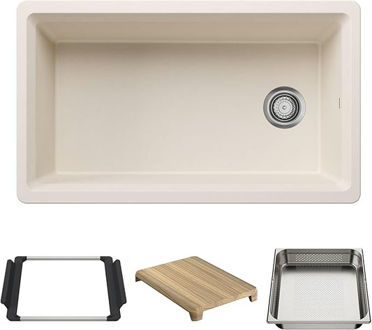 Inteos SILGRANIT 33" Single Bowl Reversible Undermount Workstation Kitchen Sink - Soft White