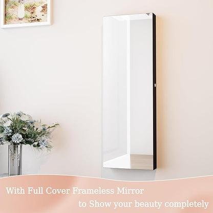 Unisakey Mirror Jewelry Cabinet,Lockable Wall or Door Mounted Jewelry Armoire Organizer With Built-up Mirror,LED Lights, Drawers,Cosmetic Trays,Shelves, 14.4"x3.15"x 43.1"（Black）