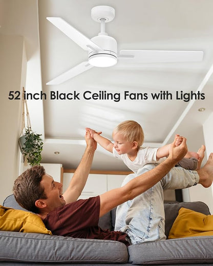 52 Inch White Ceiling Fan with Lights and Remote, Modern DC Motor Ceiling Fan with 3 Reversible White/Natural Wood Blades, 3CCT Dimmable LED, 6 Speeds, Quiet Fan for Nursery, Bedroom, Patio