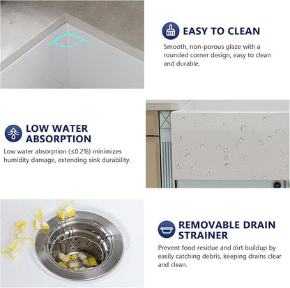 DeerValley 33" L x 20" W White Farmhouse Kitchen Sink Fireclay Apron Front Undermount Farm Sink Single Bowl Pure White Farmer Sink Large Capacity Deep Kitchen Sink with Accessories