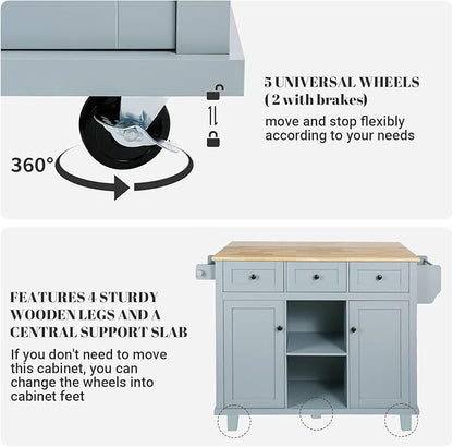 Rovibek Kitchen Island with Drawers 53 in Rolling Island Cart Mobile Portable Islands on Wheels Solid Wood Island with Storage Cabinet & Drawers, Blue
