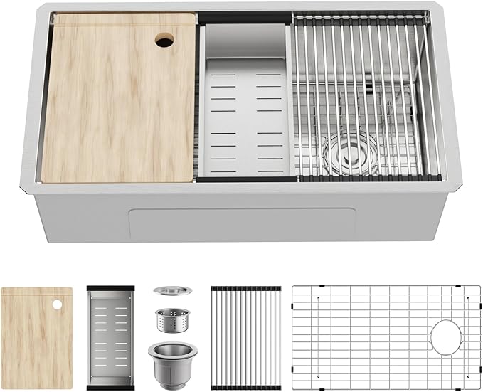MAYESAR 27 Inch Undermount Kitchen Sink, 27 x 19 Workstation Sinks Single Bowl 16 Gauge Stainless Steel Deep Under Counter Handmade Sink (with Cutting Board, Colander, Roll-up Rack, Bottom Grid)
