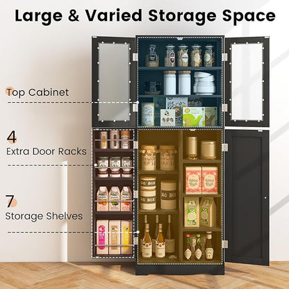 Giantex Pantry Organizers and Storage, 63.5” Tall Kitchen Cabinet, Food Buffet Cupboard with Glass Doors, Shelves with Baffle, Wooden Freestanding Sideboard for Dining Room Living Room (Black)