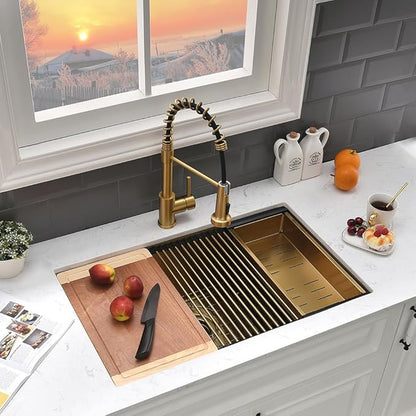 27 Inch Gold Undermount Kitchen Sink Workstation-VASOYO 27x19 Undermount Sinks 16 Gauge Stainless Steel Brushed Gold Single Bowl Deep Kitchen Sink with Cutting Board