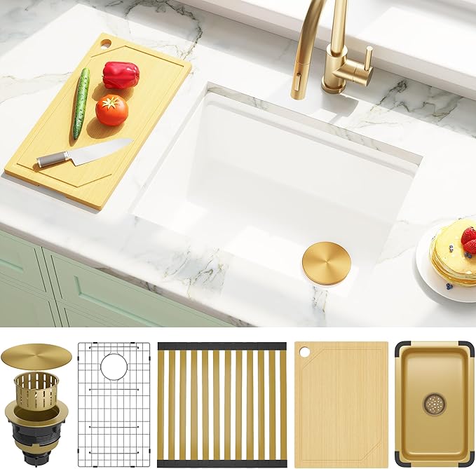 MILOSEN White Undermount Kitchen Sink, 23×18 Inch Wet Bar or Prep Sink, Granite Composite 9 Inch Workstation Sinks, Deep Under Counter Single Bowl Utility Sinks With Accessories
