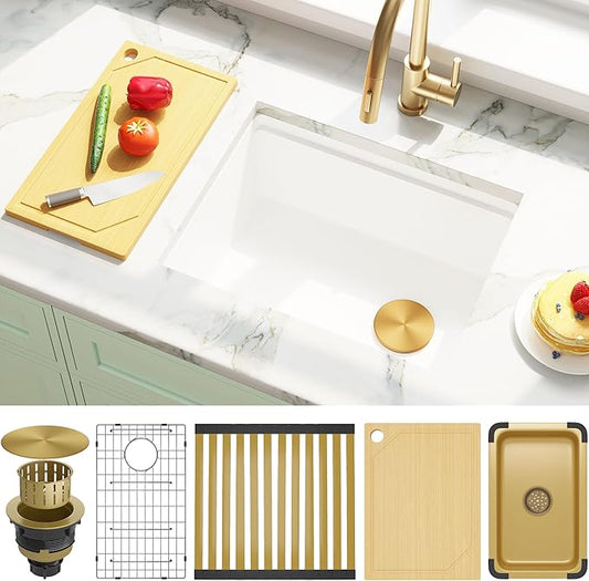 MILOSEN White Undermount Kitchen Sink, 23×18 Inch Wet Bar or Prep Sink, Granite Composite 9 Inch Workstation Sinks, Deep Under Counter Single Bowl Utility Sinks With Accessories