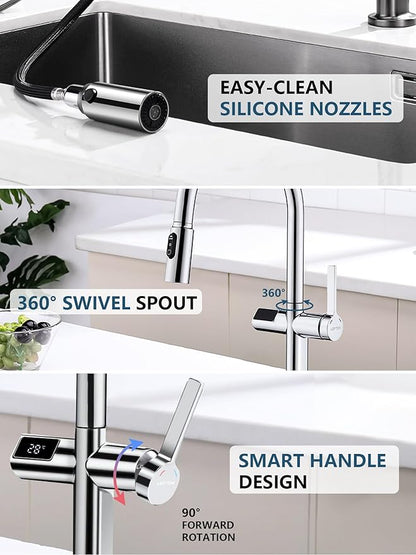Lefton Touchless Pull-Out Kitchen Faucet, Hands Free Motion Sensor Activated, Battery-Free Temperature Display, KF2206 (Contemporary, Chrome)