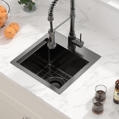 Sarlai Drop Bar Sink -15 Inch Black Outdoor Kitchen Sink Gunmetal Black Drop In Workstation 15 x 15 Topmount Stainless Steel 16 Gauge Single Bowl Kitchen Bar Prep RV Outdoor Sinks Basin