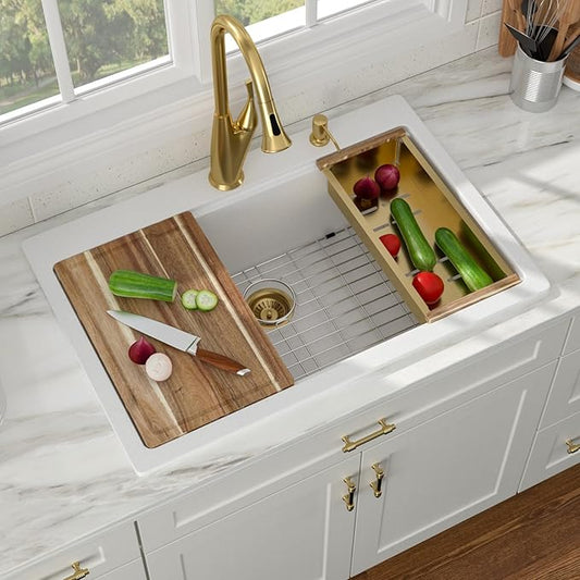 33x22 White Drop In Kitchen Sink Workstation - Couoko White Drop In Granite Composite Kitchen Sinks Quartz Classic Large Deep Topmount Single Bowl Sink Basin with Luxury Accessories