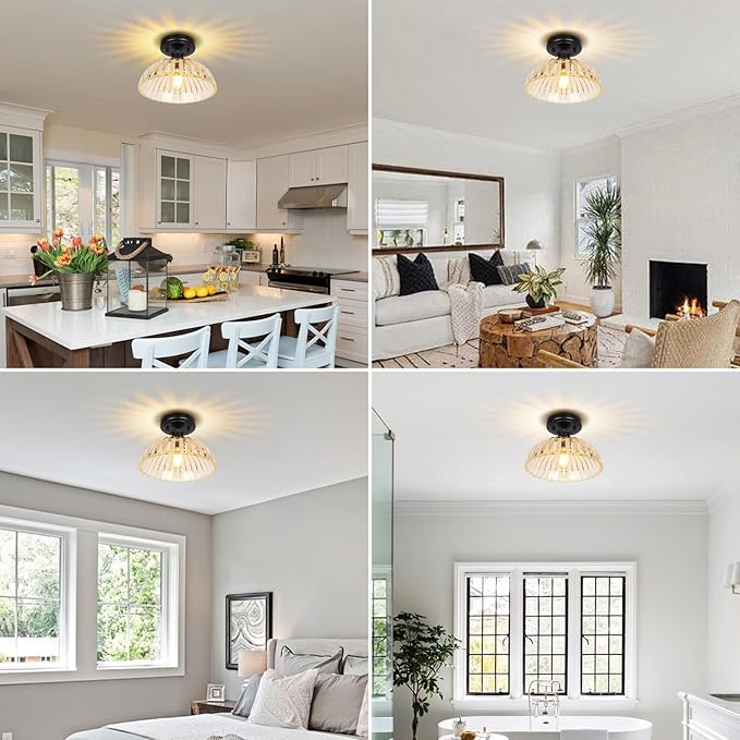 JYZ Semi Flush Mount Ceiling Light, Black Ceiling Light Fixture with Ribbed Glass Shade, Vintage Light fixtures for Hallway, Entryway, Bathroom, Kitchen, Bedroom