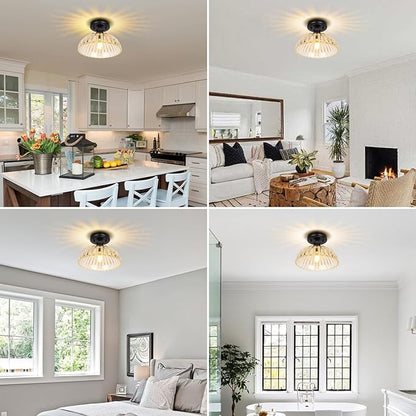 JYZ Semi Flush Mount Ceiling Light, Black Ceiling Light Fixture with Ribbed Glass Shade, Vintage Light fixtures for Hallway, Entryway, Bathroom, Kitchen, Bedroom