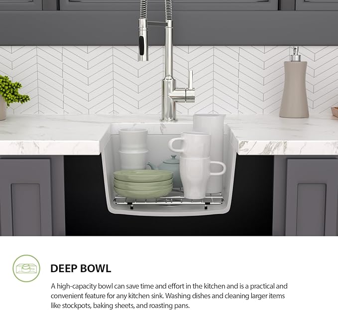 18x16 Inch Undermount Kitchen Granite Composite Sink - 18 inch White Granite Sink Quartz Classic Under Counter Ledge Single Bowl Sink Basin(18"x16") LOF-GC1816